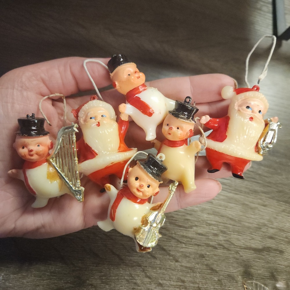 Vintage MCM Mini Christmas Ornaments Band Snowman Santa Lot of 6 Holiday 60s 70s